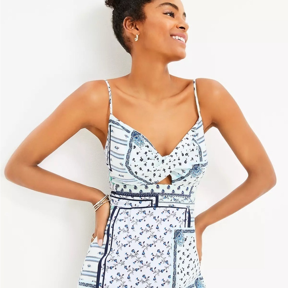 Loft Women’s Blue and White Patchwork Twist Cutout Cami Dress